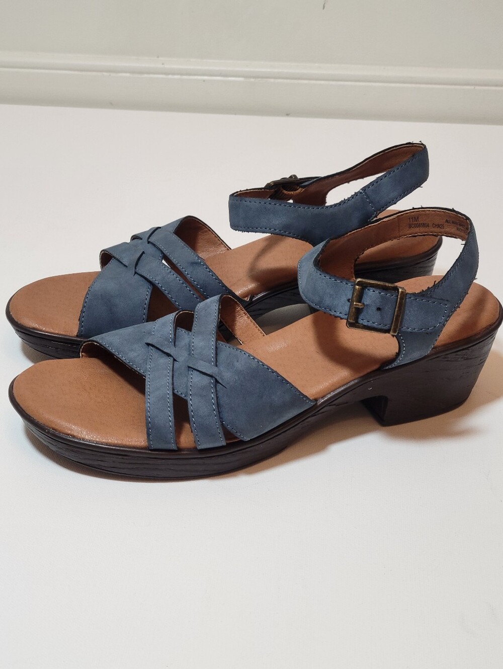 BOC Born Womens 11 Blue Strappy Comfort Sandals Low Block Heel Ankle Buckle